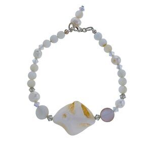 Vintage Sterling Silver 925 Clasp Mother Of Pearl Crystal Beaded Bracelet 7.75"